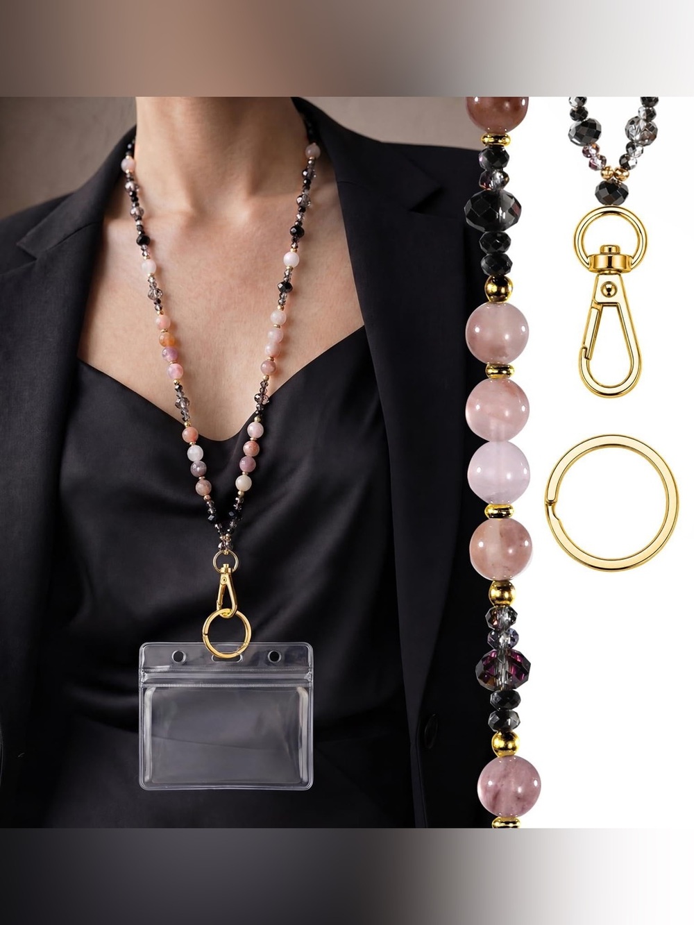 Natural Stone Beaded Lanyard (w Pink Sunstone) For ID Badges - New